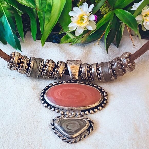 KC Necklace Pendant Cord Vintage Silver Plated Two Gemstones Signed Extender - Picture 2 of 11